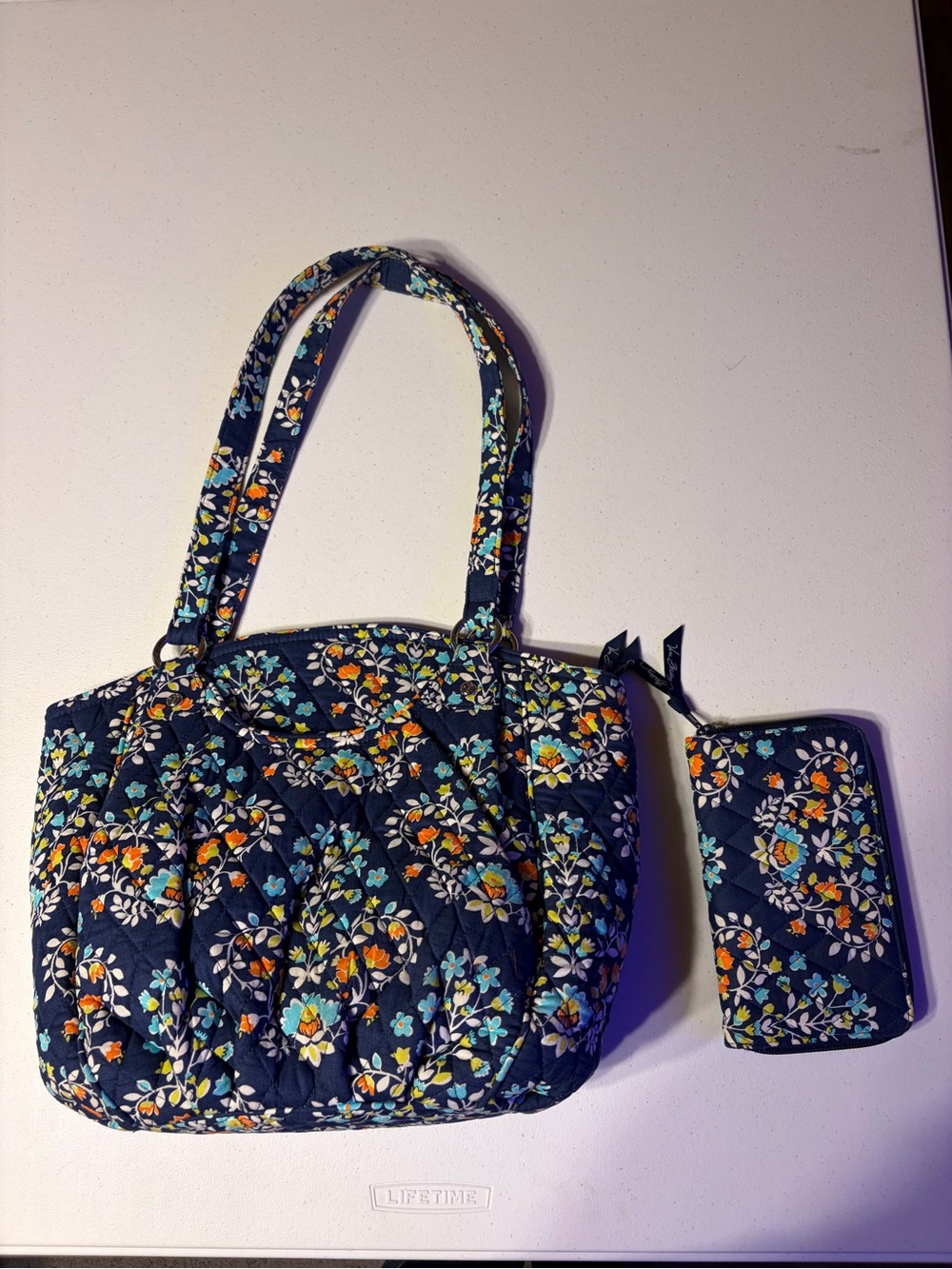 Vera Bradley Navy Quilted Floral Tote with Matching Zip Wallet